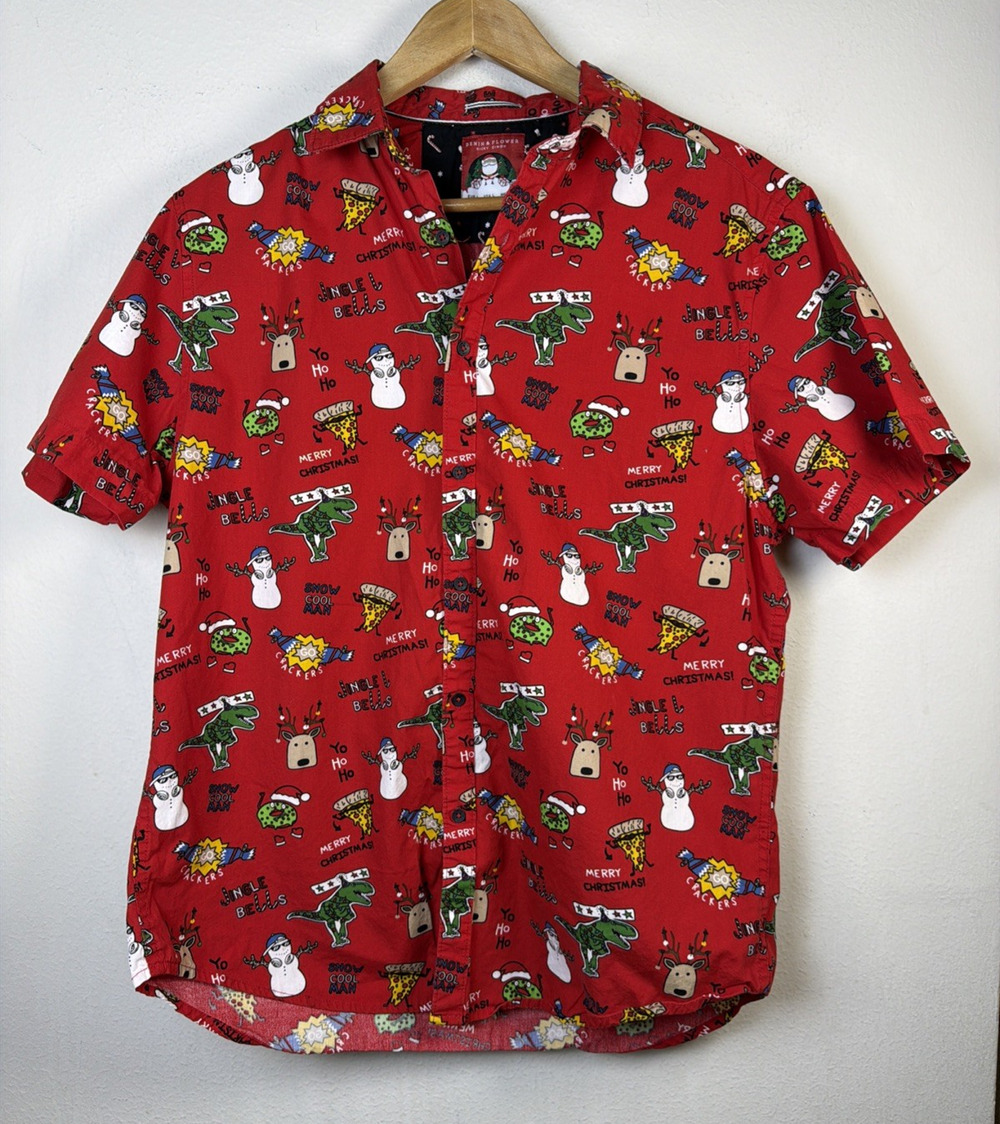 Denim & Flower boys Christmas Shirt large Red Holiday Print Button Up santa